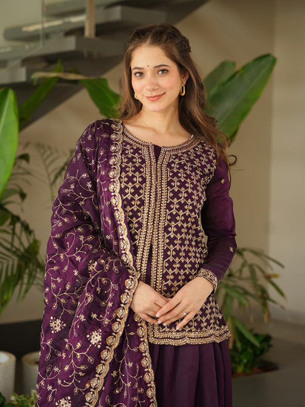Wine Rich Beads Embroidered Work Sharara Suit With Dupatta