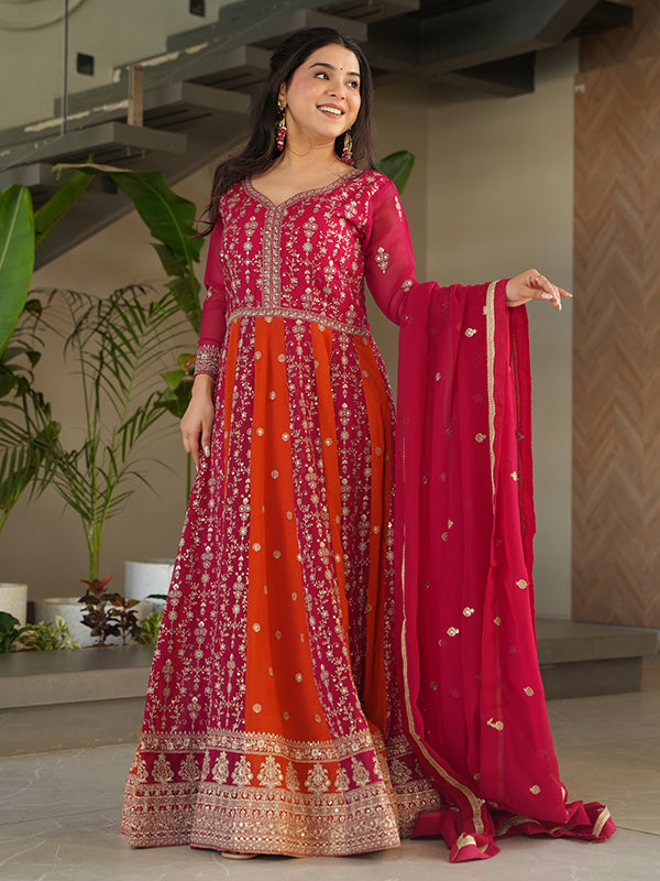 Pink Zari Sequins Embroidered Work Georgette Gown With Dupatta