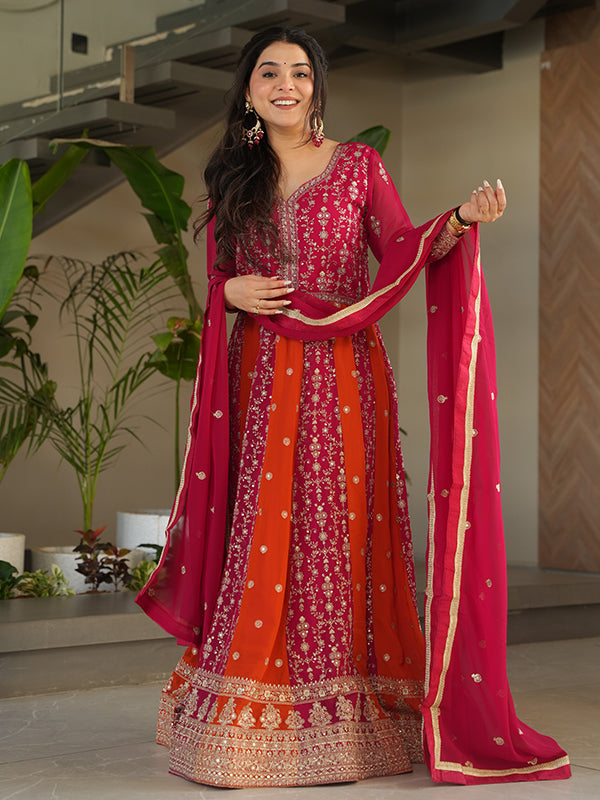 Pink Zari Sequins Embroidered Work Georgette Gown With Dupatta