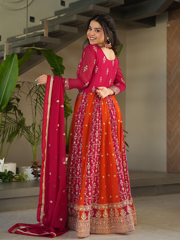 Pink Zari Sequins Embroidered Work Georgette Gown With Dupatta