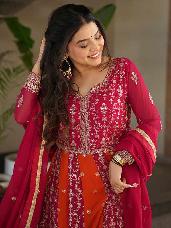 Pink Zari Sequins Embroidered Work Georgette Gown With Dupatta