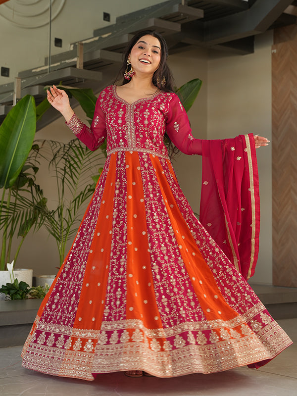 Pink Zari Sequins Embroidered Work Georgette Gown With Dupatta