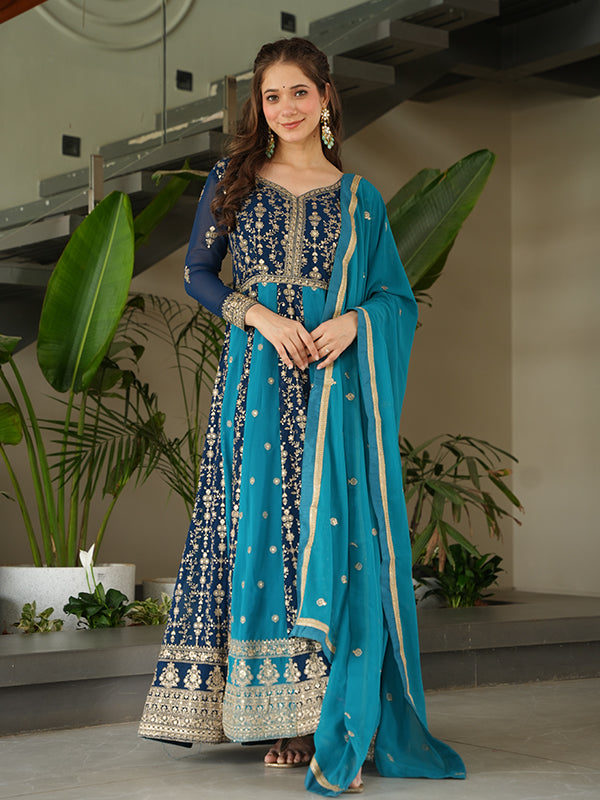 Rama Zari Sequins Embroidered Work Georgette Gown With Dupatta