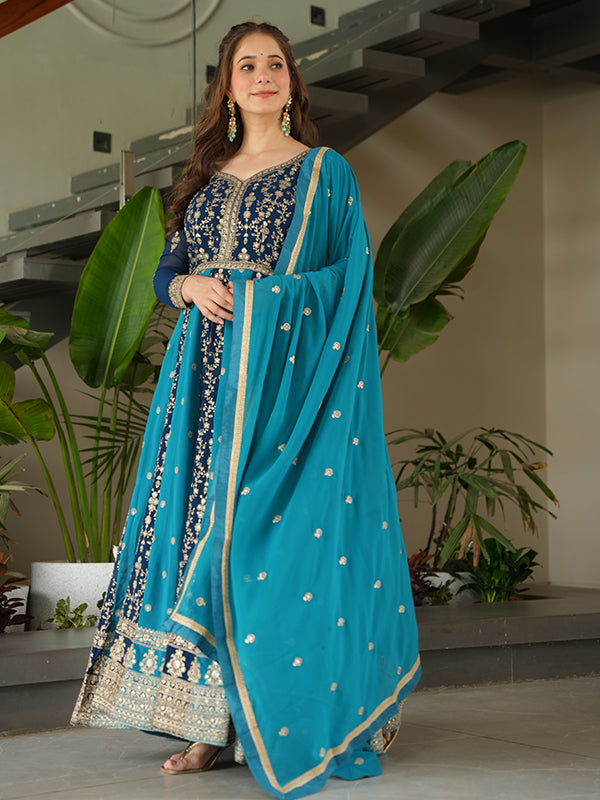 Rama Zari Sequins Embroidered Work Georgette Gown With Dupatta