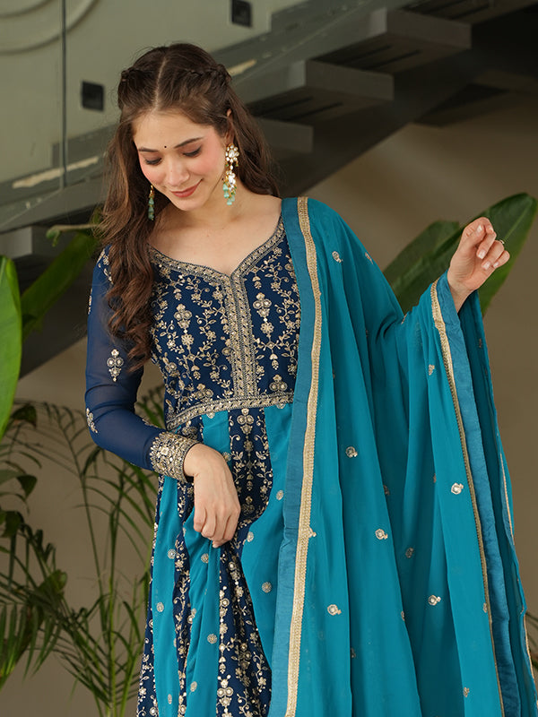 Rama Zari Sequins Embroidered Work Georgette Gown With Dupatta