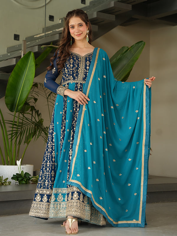 Rama Zari Sequins Embroidered Work Georgette Gown With Dupatta