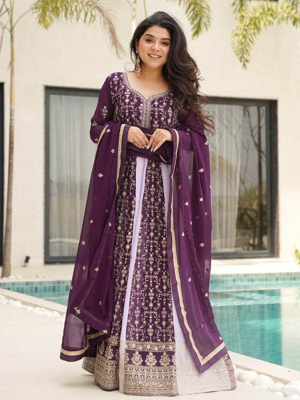 Wine Zari Sequins Embroidered Work Georgette Gown With Dupatta