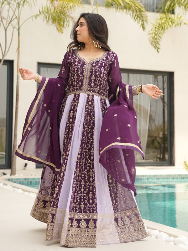 Wine Zari Sequins Embroidered Work Georgette Gown With Dupatta