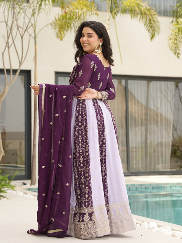 Wine Zari Sequins Embroidered Work Georgette Gown With Dupatta