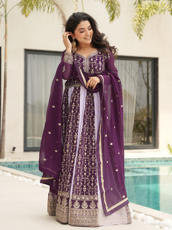 Wine Zari Sequins Embroidered Work Georgette Gown With Dupatta