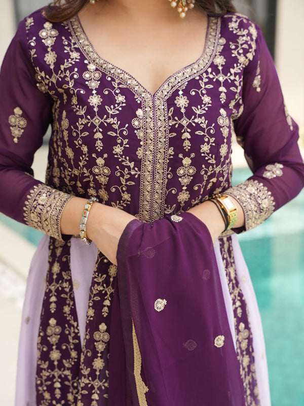 Wine Zari Sequins Embroidered Work Georgette Gown With Dupatta