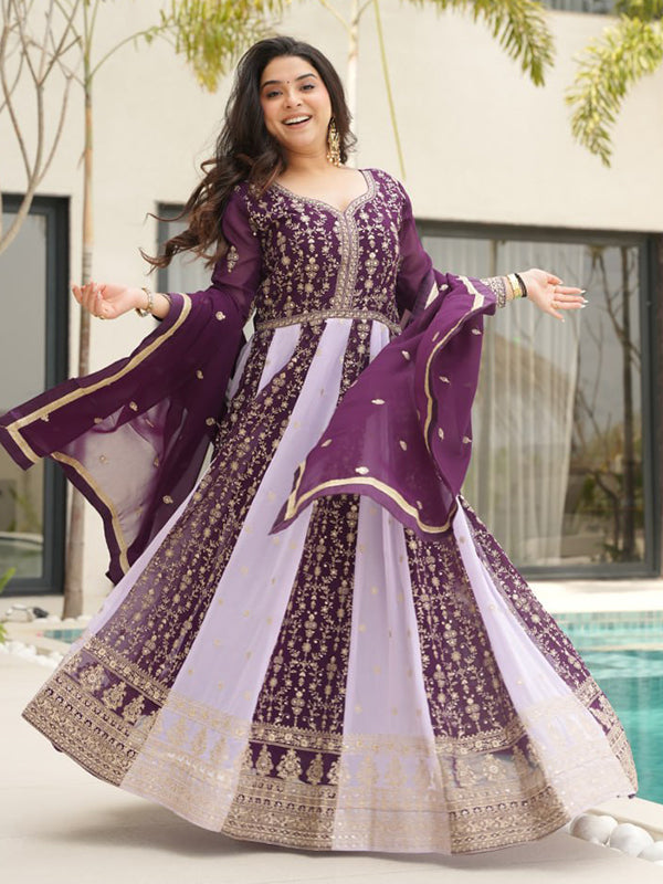 Wine Zari Sequins Embroidered Work Georgette Gown With Dupatta