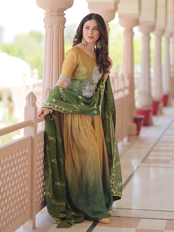Mustard & Green Rich Beads Embroidered Work Chinnon Print Top With Sharara Dupatta