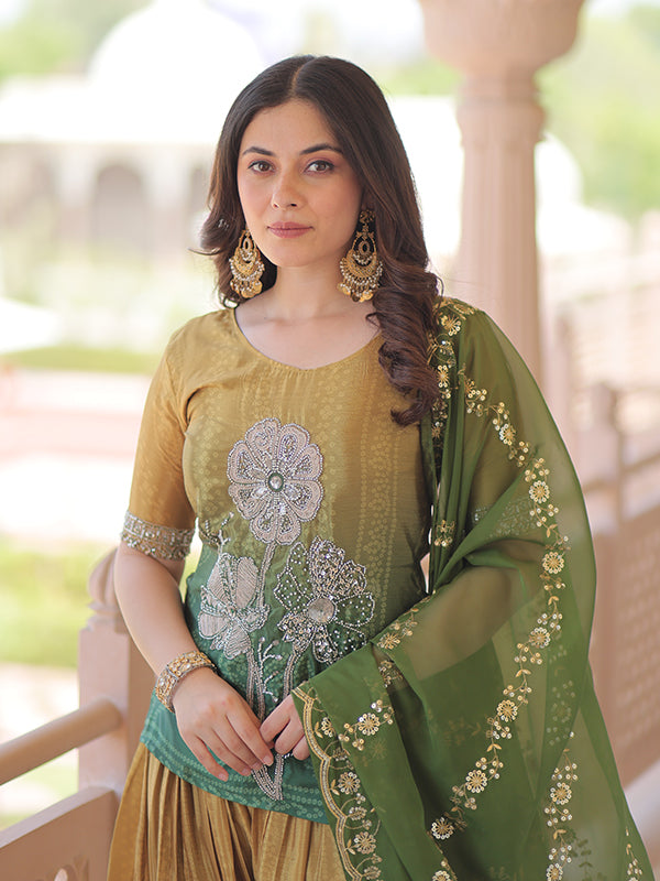 Mustard & Green Rich Beads Embroidered Work Chinnon Print Top With Sharara Dupatta
