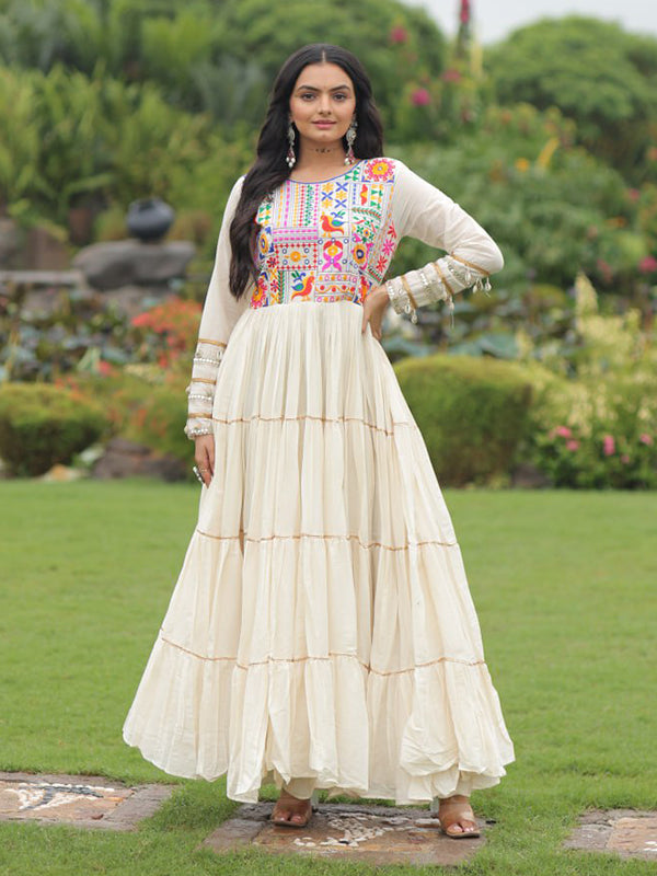 Off White Cotton Thread Embroidered Gota Patti Work Gown