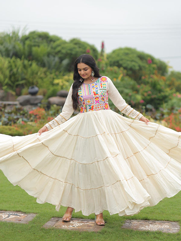 Off White Cotton Thread Embroidered Gota Patti Work Gown