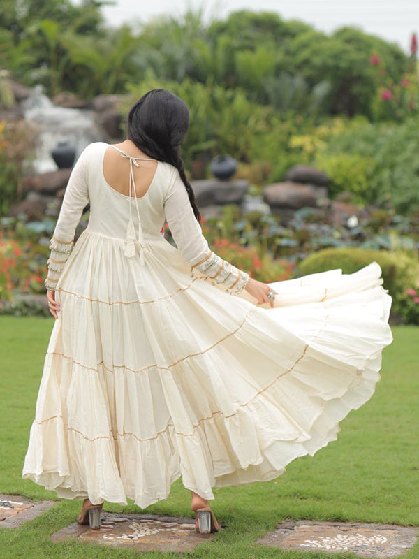 Off White Cotton Thread Embroidered Gota Patti Work Gown