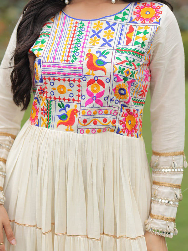 Off White Cotton Thread Embroidered Gota Patti Work Gown