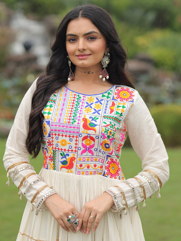 Off White Cotton Thread Embroidered Gota Patti Work Gown