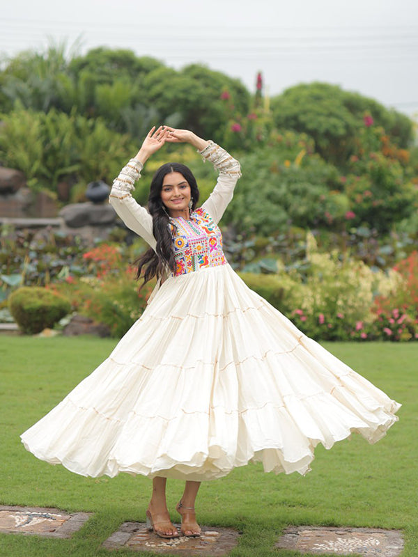 Off White Cotton Thread Embroidered Gota Patti Work Gown