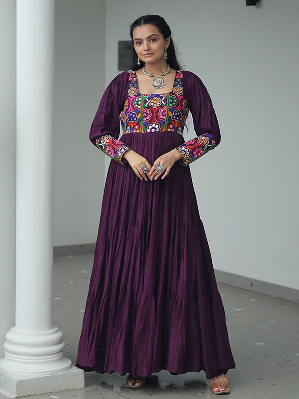 Wine Kutchi Gamthi Work Fully Flair Gown