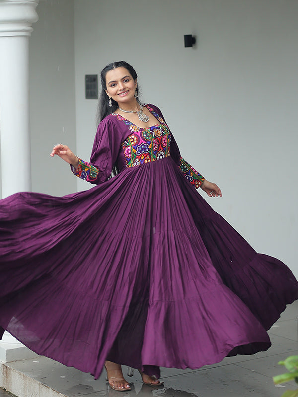 Wine Kutchi Gamthi Work Fully Flair Gown
