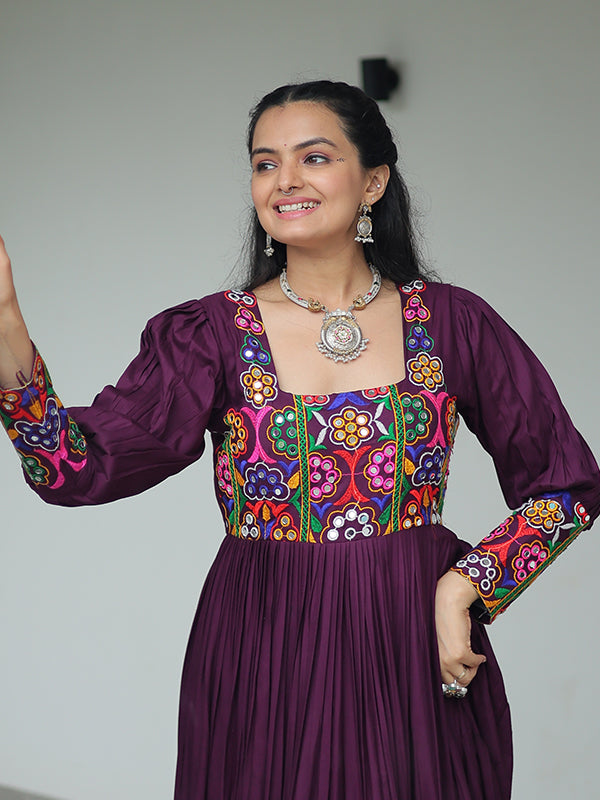 Wine Kutchi Gamthi Work Fully Flair Gown