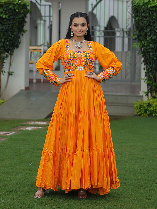 Yellow Kutchi Gamthi Work Fully Flair Gown