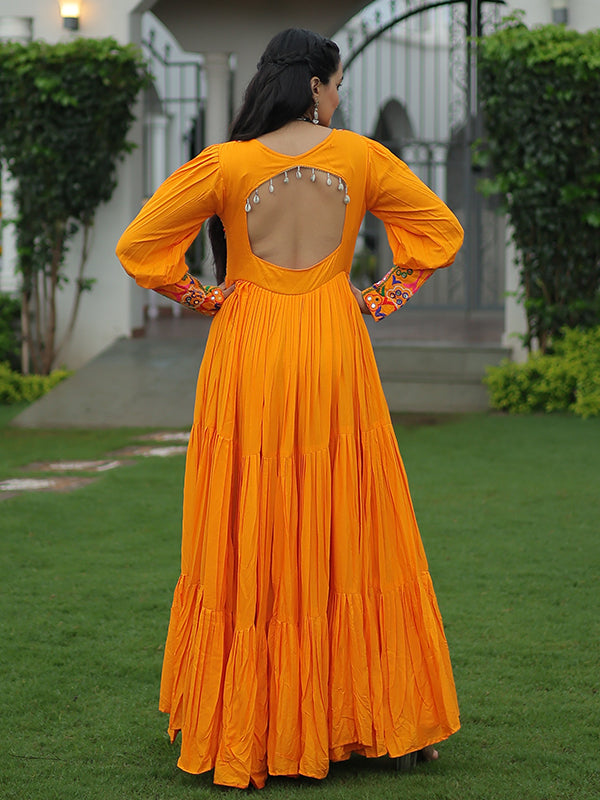 Yellow Kutchi Gamthi Work Fully Flair Gown