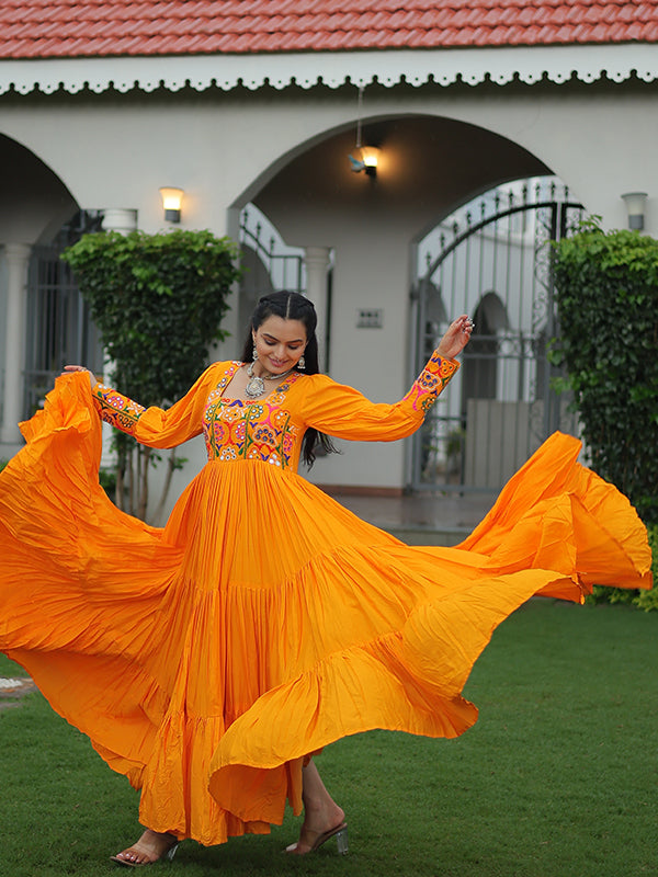 Yellow Kutchi Gamthi Work Fully Flair Gown