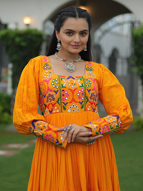 Yellow Kutchi Gamthi Work Fully Flair Gown
