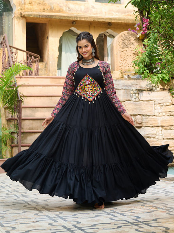 Black Embroidered Kutchi Gamthi Work Rayon Gown