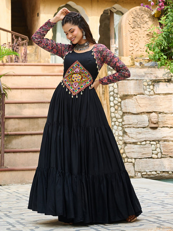 Black Embroidered Kutchi Gamthi Work Rayon Gown