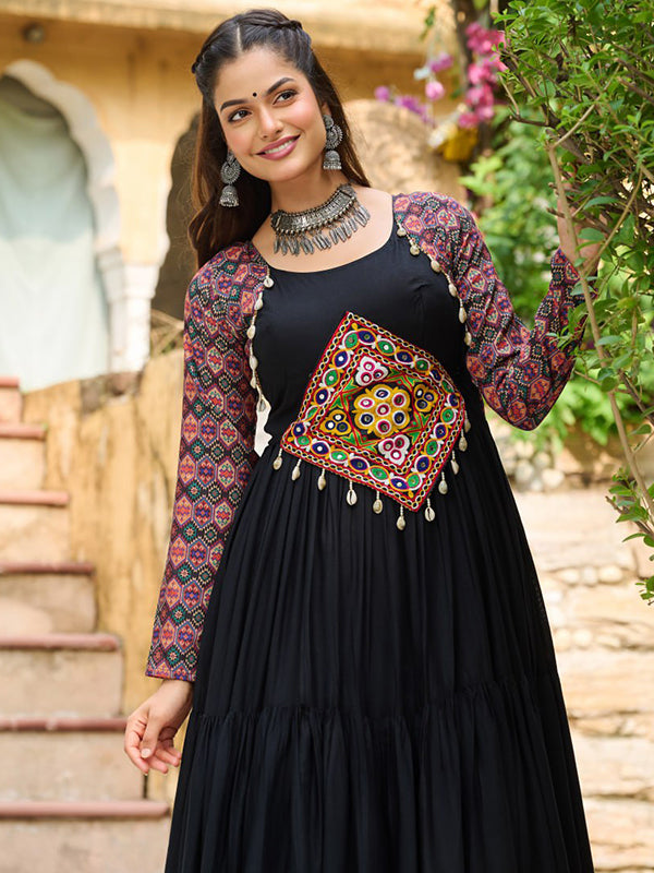 Black Embroidered Kutchi Gamthi Work Rayon Gown
