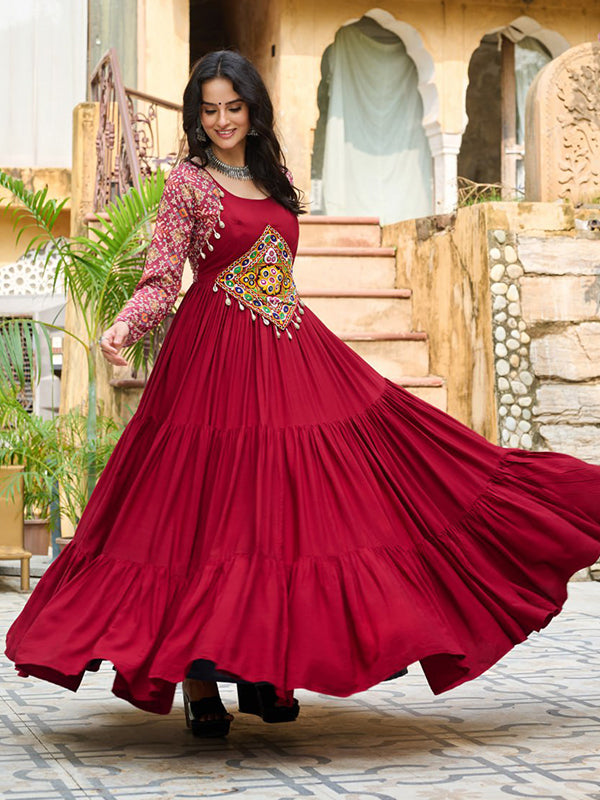 Maroon Embroidered Kutchi Gamthi Work Rayon Gown