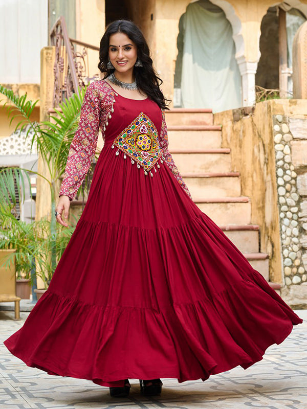 Maroon Embroidered Kutchi Gamthi Work Rayon Gown