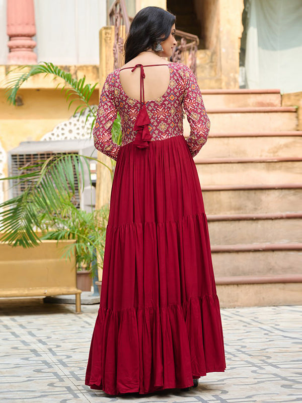 Maroon Embroidered Kutchi Gamthi Work Rayon Gown