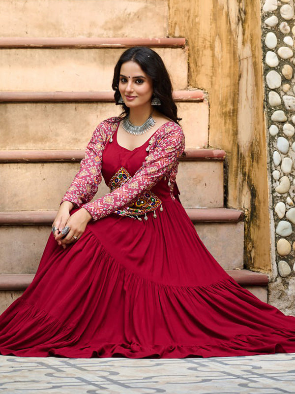 Maroon Embroidered Kutchi Gamthi Work Rayon Gown