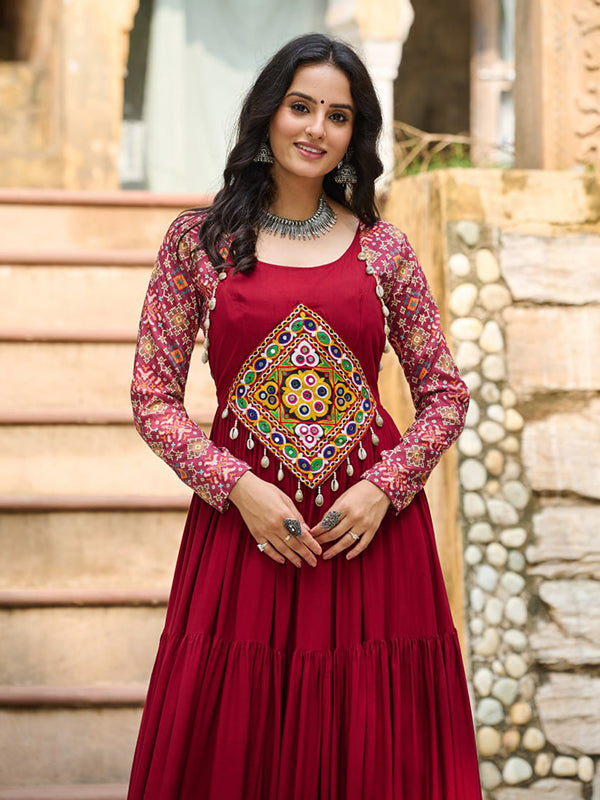 Maroon Embroidered Kutchi Gamthi Work Rayon Gown