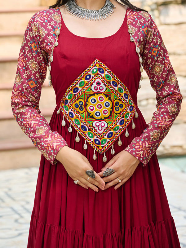 Maroon Embroidered Kutchi Gamthi Work Rayon Gown