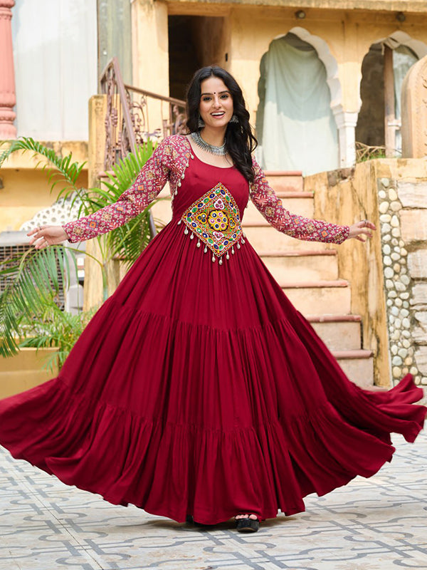 Maroon Embroidered Kutchi Gamthi Work Rayon Gown