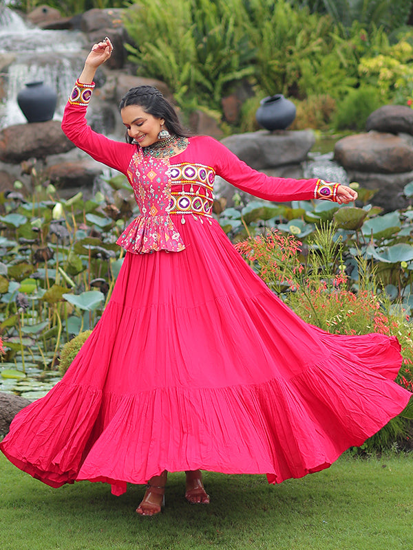 Pink Kutchi Gamthi Embroidered Work Navratri Special Gown