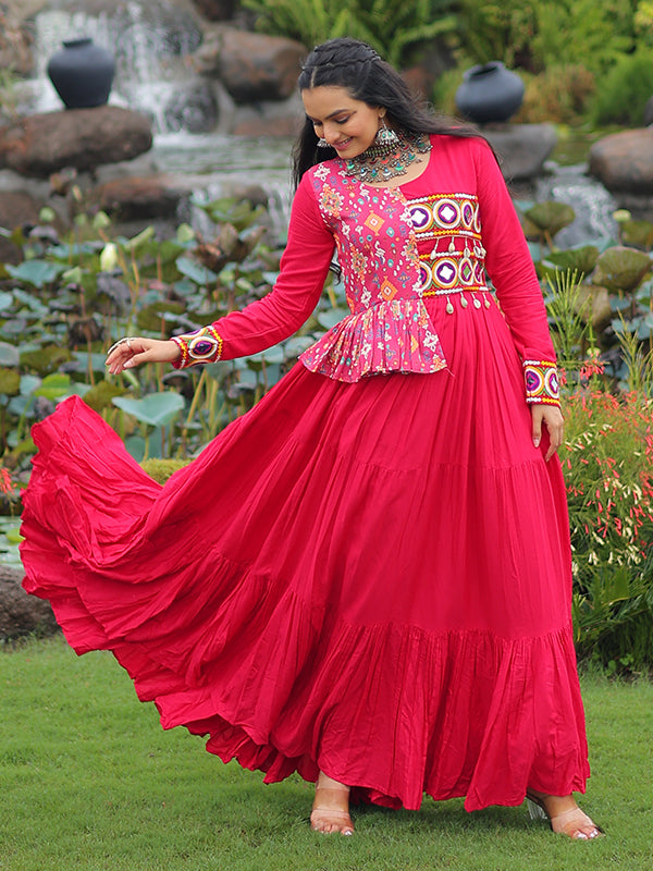 Pink Kutchi Gamthi Embroidered Work Navratri Special Gown
