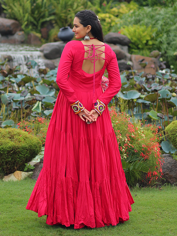 Pink Kutchi Gamthi Embroidered Work Navratri Special Gown