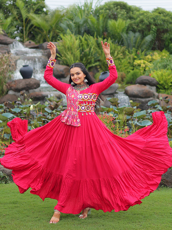 Pink Kutchi Gamthi Embroidered Work Navratri Special Gown