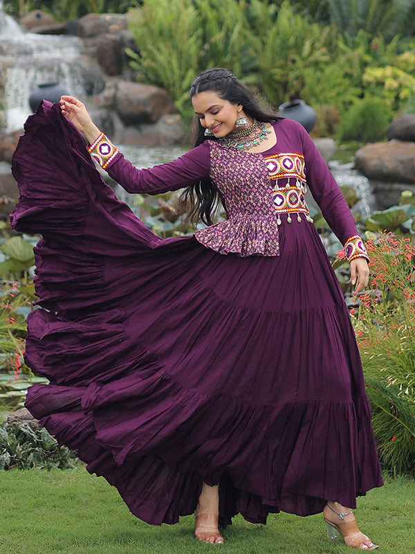 Wine Kutchi Gamthi Embroidered Work Navratri Special Gown