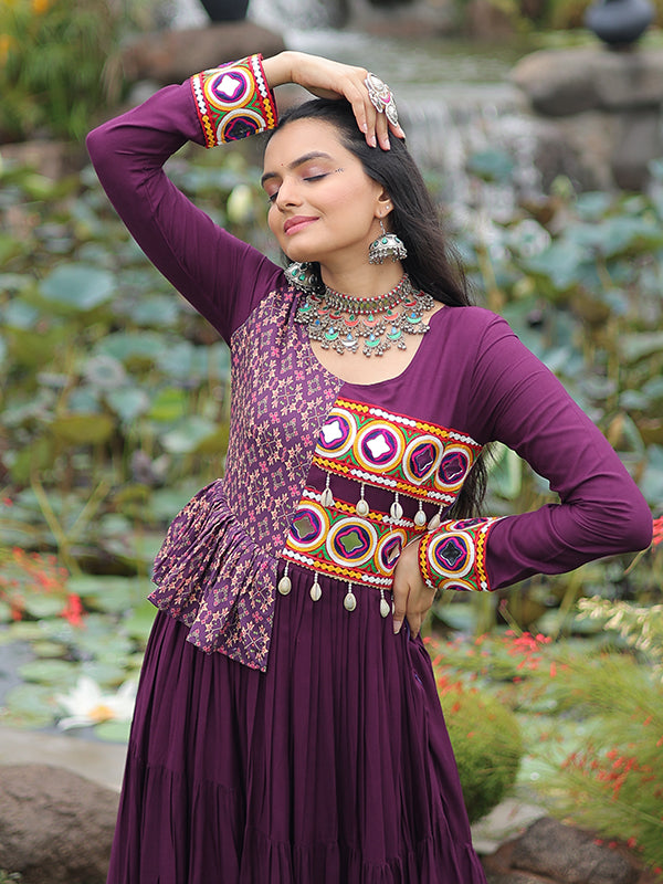Wine Kutchi Gamthi Embroidered Work Navratri Special Gown