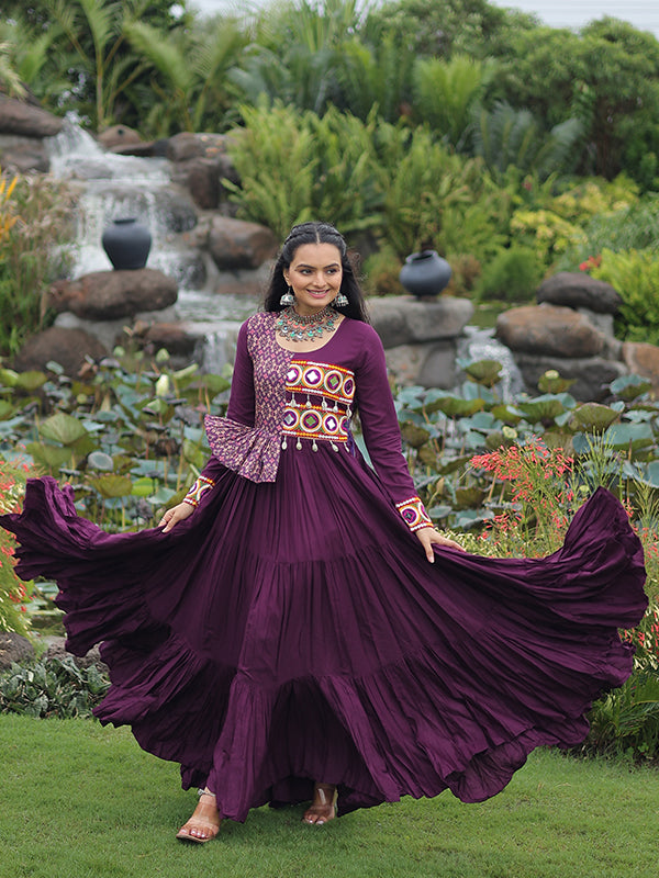 Wine Kutchi Gamthi Embroidered Work Navratri Special Gown