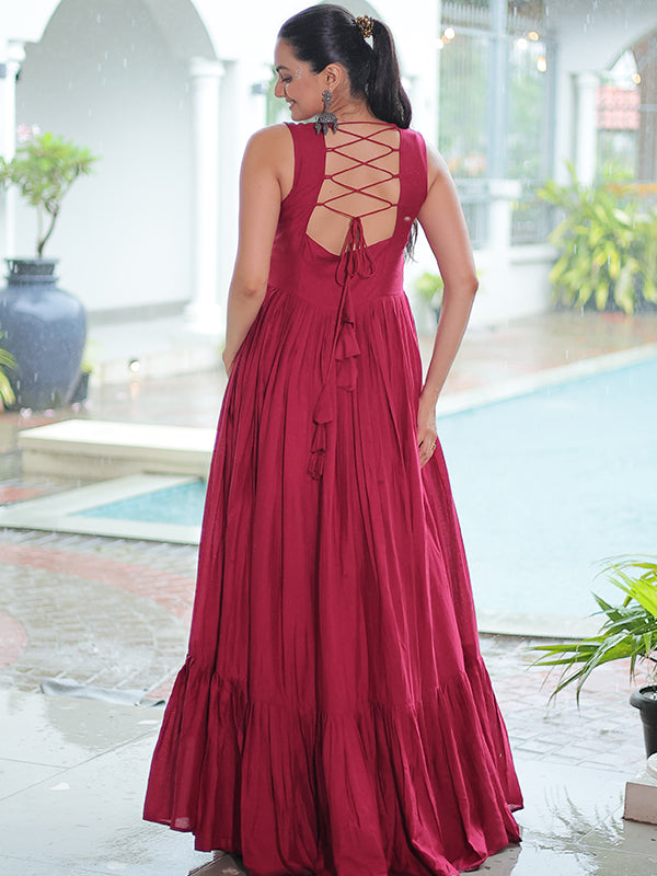 Maroon Kutchi Gamthi Thread Embroidered Work Rayon Gown