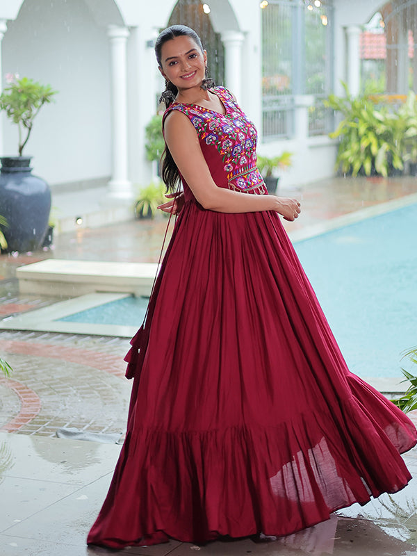 Maroon Kutchi Gamthi Thread Embroidered Work Rayon Gown